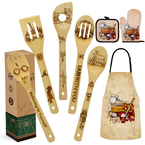 Geschenke Zum Muttertag für Mama Personalisiert, Wooden Cooking Spoons Bamboo Kitchen Cooking Utensils Set with Apron Oven Mitt Potholder Set, Christmas Kitchen Cookware Gifts for Cooking Lovers von Moodlamp