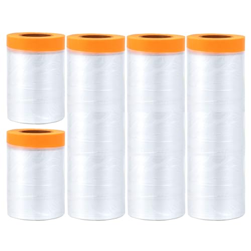 Mooedcoe 5 Rollen Abdeckfolie mit Klebeband (55cm*20Mx 2 ; 150cm * 20m x 3) - Selbstklebende Malerfolie, Transparente Schutzfolie für Renovierung, Möbelschutz & Autolackierun von Mooedcoe