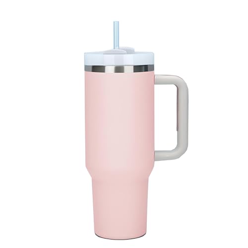 Moollyfox 40 oz Doppelwandiger Edelstahl Vakuum Isolierbecher mit Griff Upgrade Kaffeetasse 1200 ml Becher Tragbare Reisebecher Autobecher Thermobecher mit Strohhalm und Deckel Hell Rosa von Moollyfox