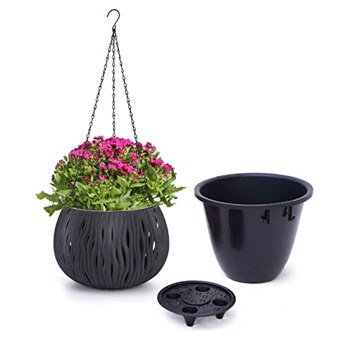 Moollyfox Blumenampel Außen, Ø 25cm Blumentopf Hängend mit Rostfrei Ketten, Hängeampeln Outdoor Kunststoff für Draußen, Hängeblumentöpfe mit Ablaufloch, Hängeampeln für Außen Innen Decken Pflanzen von Moollyfox