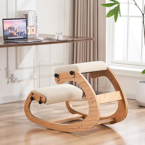 MoomJiee Ergonomischer Kniestuhl, verstellbarer Schaukelkniestuhl für Zuhause, Büro, Bürostuhl aus Holz zur Linderung von Rückenschmerzen, Beige von MoomJiee