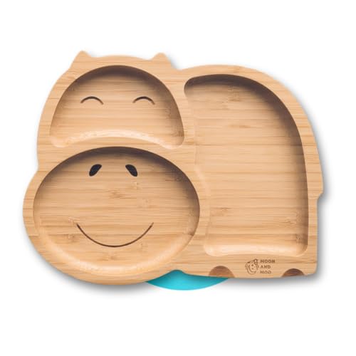Moon and Moo Nilpferd Bambus Saugnapfteller für Kinder, Kleinkinder und Baby Entwöhnung - Ungiftig - Plastikfrei - Stay Put - Baby Saugteller - Baby Entwöhnungsset von Moon and Moo