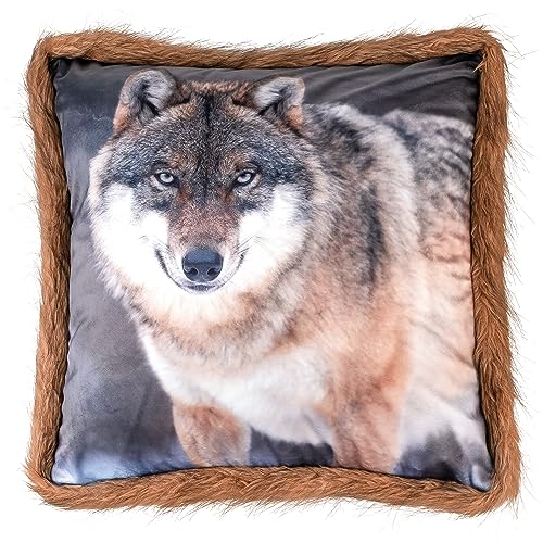 Moon - Kissenbezug Wildlife mit Kuschelfell - Kissenhülle ca. 45x45 cm - ca. 500g/m² Flanell - Wolf von Moon