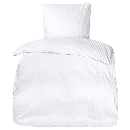 Moon - Luxury Damast Bettwäsche Set mit Reißverschluss - 135x200 + 80x80 cm - 10mm Streifen - 100% Baumwolle (weiß) von Moon