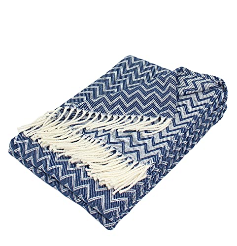 Moon Luxury Decke aus Baumwollmischung ca. 130x170 Kuscheldecke Zick-Zack Muster Tagesdecke mit Fransen leicht & kuschelig (weiß/blau) von Moon