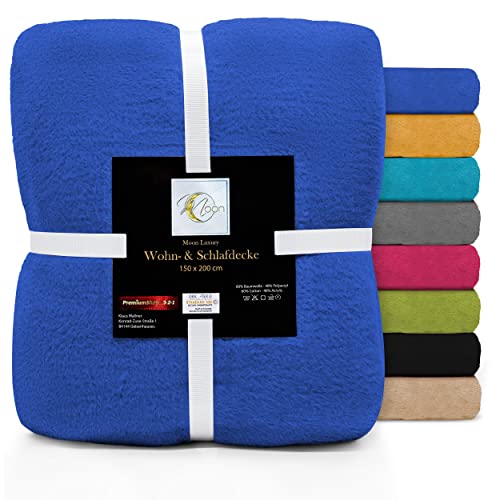 Moon Luxury Kuscheldecke, Wohndecke, Uni Decke aus Baumwoll-Mix (60%/40%) ca. 150x200 cm mit geketteltem Rand (blau) von Moon