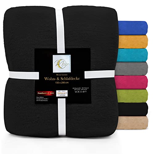 Moon Luxury Kuscheldecke, Wohndecke, Uni Decke aus Baumwoll-Mix (60%/40%) ca. 150x200 cm mit geketteltem Rand (schwarz) von Moon