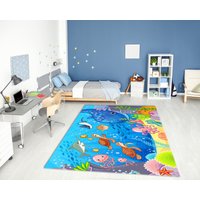 Lebendige Cartoon-Tiere Bedruckter Unterwasserteppich Maschinenwaschbarer Unterwasserwelt-Teppich Geschenk Für Kinderzimmer von MoonLightHomesDesign