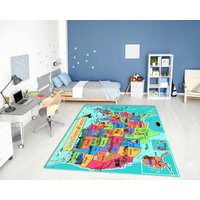 Lebendige Usa Karte Im Cartoon-stil Bedruckter Teppich Waschbar Personalisierte Bereich Geschenk Für Kinderzimmer von MoonLightHomesDesign