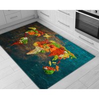 Lebhafter Farbdruck Küchenteppich Maschinenwaschbarer, Rutschfester Set Mit Gewürzen in Form Einer Weltkarte Küchengeschenk von MoonLightHomesDesign