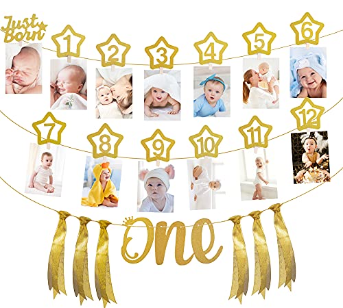 1. Geburtstag Girlande, Ersten Gold Foto Banner für Neugeborene bis 12 Monate, Baby Monatliche Foto Bunting Prop con Cartella Foto Hängende DIY für Party Dekor von MoonSing