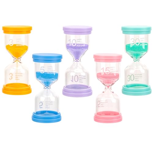 Buntes Sanduhren Set, 5 Farben Sanduhr Glas Timer Zeitmesser Sanduhren, Zeitanzeige 3/5/10/15/30 Minuten Timer Küche Eieruhren für Kinder Zähneputzen, Kita, Büro Haus Dekoration, Spiele Requisite von MoonSing