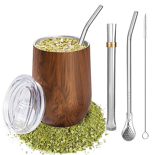 Mate Tasse Modernes Yerba Mate Gourd Set, 12oz Tee Becher Doppelwandiger 18/8 Edelstahl, Hitzebeständig isolier Design, Teetasse mit Deckel, zwei Bombillas und einer Reinigungsbürste (Holzfarbe) von MoonSing