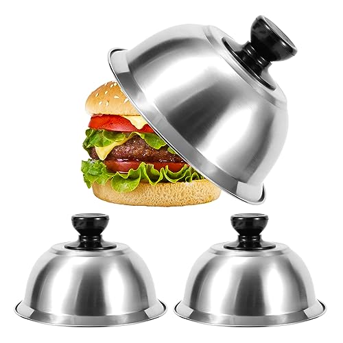 MoonSing Burgercover 3 Stück Edelstahl Burgerhauben Burgerglocken, Schmelzglocke Burger Cloche mit Handhaben, Schmelzkuppel für Cheeseburger, Burgercover, Barbecue Steak, Speck (16 x 10 cm) von MoonSing