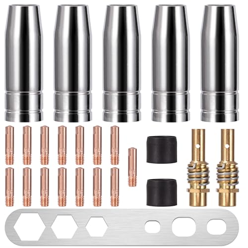 Verschleißteile Set, 25 Stück MIG/MAG Kontaktröhrchen Schweißbrenner Ersatzteile Zubehör passend AK-15/MB-15, 5 x Gasdüsen, 15 x Stromdüse M6 0,8 mm, 2 x Düsenstock, 2 x Isolator, 1 x Werkzeug von MoonSing