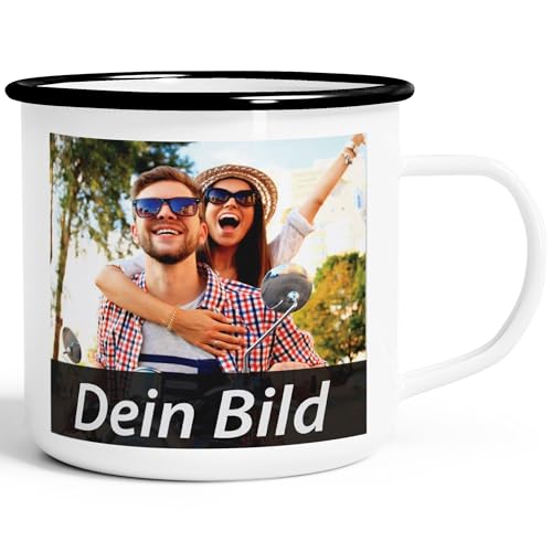 Emaille Moonworks® Fototasse, Tasse mit Foto und Text selbst gestalten, personalisierte Geschenke, Fotogeschenke weiß-schwarz unisize von MoonWorks