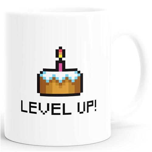 Kaffee-Tasse Geburtstag Level Up Pixel-Torte Retro Gamer Pixelgrafik Geschenk Arcade MoonWorks® weiß unisize von MoonWorks