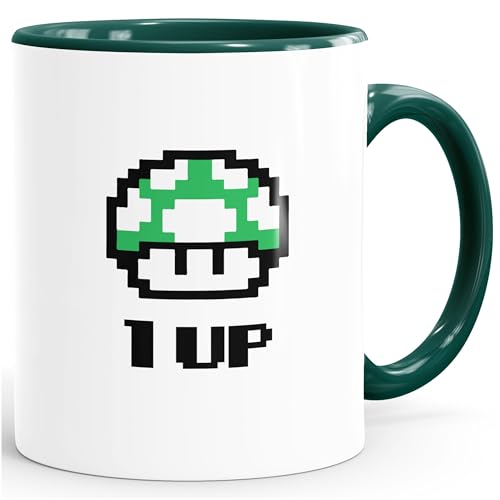 Kaffee-Tasse Geburtstag Retro Pixel-Pilz 1-Up-Pilz Level-Up Gaming Konsole 90er MoonWorks® grün unisize von MoonWorks