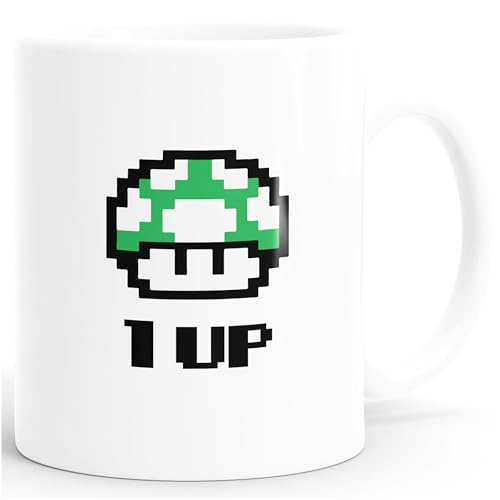 Kaffee-Tasse Geburtstag Retro Pixel-Pilz 1-Up-Pilz Level-Up Gaming Konsole 90er MoonWorks® weiß unisize von MoonWorks