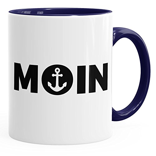 MoonWorks Kaffee-Tasse Moin mit Anker Frühstückstasse mit farbigen Henkel und Innenfarbe navy unisize von MoonWorks
