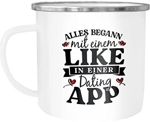 MoonWorks® Emaille-Tasse Alles begann mit einem Like in einer Dating App Geschenk Liebe Valentinstag Jahrestag emaille-weiß-silber standard von MoonWorks