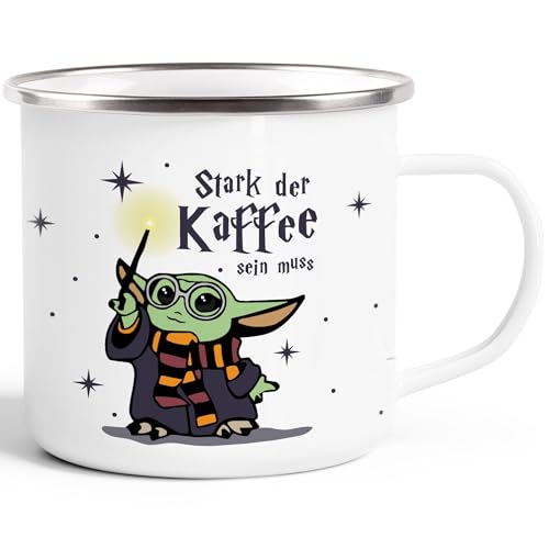 MoonWorks® Emaille-Tasse Baby-Yoda Spruch lustig Stark der Kaffee sein muss Geschenk Kaffeeliebhaber Bürotasse emaille-weiß-silber standard von MoonWorks