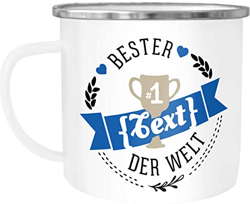 MoonWorks® Emaille Tasse Becher Bester Papa, Mama, Oma, Opa etc Kaffeetasse Dein Text Blau weiß-metall Emailletasse von MoonWorks