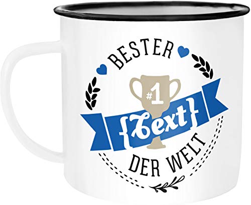 MoonWorks® Emaille Tasse Becher Bester Papa, Mama, Oma, Opa etc Kaffeetasse Dein Text Blau weiß-schwarz Emailletasse von MoonWorks