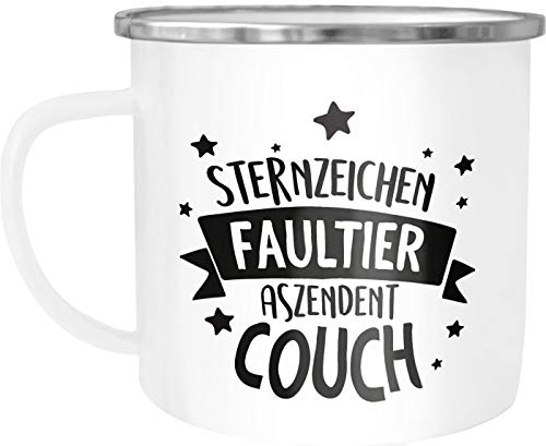 MoonWorks® Emaille-Tasse Becher Spruch lustig Sternzeichen Faultier Aszendent Couch Bürotasse lustige Kaffeebecher weiß-metall Emailletasse von MoonWorks