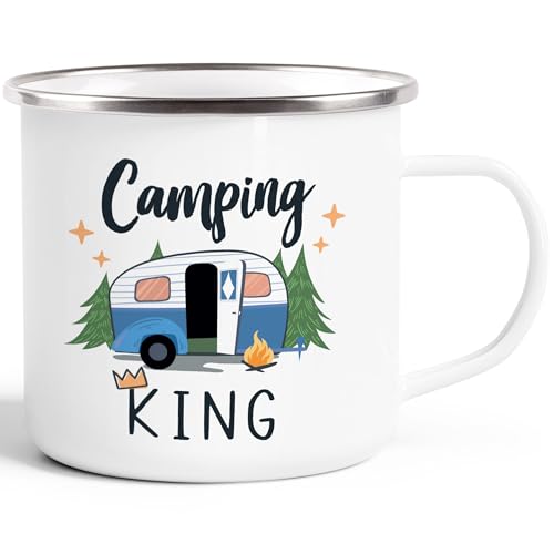 MoonWorks® Emaille-Tasse Camping Queen King Wohnwagen Geschenk Camper Campingurlaub Zubehör King emaille-weiß-silber standard von MoonWorks