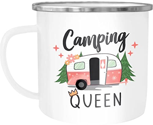 MoonWorks® Emaille-Tasse Camping Queen King Wohnwagen Geschenk Camper Campingurlaub Zubehör Queen emaille-weiß-silber standard von MoonWorks