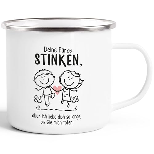Moonworks® Emaille-Tasse Deine Fürze stinken aber ich liebe dich Geschenk Freund Mann lustige Liebeserklärung Emaillebecher emaille-weiß-silber standard von MoonWorks