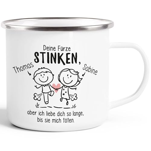 MoonWorks® Emaille-Tasse Deine Fürze stinken aber ich liebe dich personalisierte Geschenk Freund Mann lustige Liebeserklärung anpassbar emaille-weiß-silber standard von MoonWorks