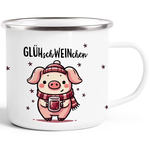 MoonWorks® Emaille-Tasse Glühwein Motiv Glüh-Schweinchen Wortspiel Emaillebecher lustig kleines Geschenk Weihnachten emaille-weiß-silber standard von MoonWorks