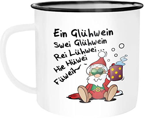 MoonWorks® Emaille-Tasse Glühwein Spruch Weihnachten Weihnachtsmarkt Nikolaus Weihnachtsmann emaille-weiß-schwarz standard von MoonWorks