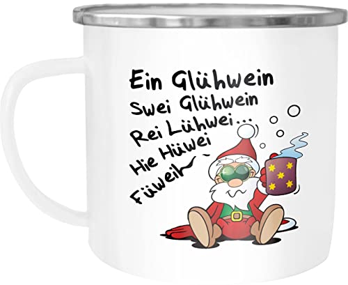 MoonWorks® Emaille-Tasse Glühwein Spruch Weihnachten Weihnachtsmarkt Nikolaus Weihnachtsmann emaille-weiß-silber standard von MoonWorks