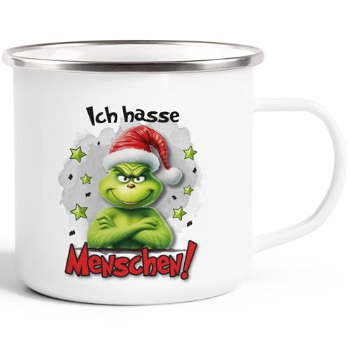 MoonWorks® Emaille-Tasse Grinch Geschenk für Weihnachtsmuffel Ich hasse Menschen Emaillebecher Weihnachtstasse lustig Ich hasse Menschen emaille-weiß-silber standard von MoonWorks