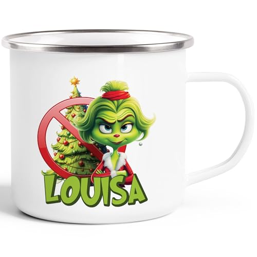Moonworks® Emaille-Tasse Grinch Weihnachtstasse Mann Frau mit Namen personalisierbar Geschenk lustig Weihnachtsmuffel Grinch Lady emaille-weiß-silber standard von MoonWorks