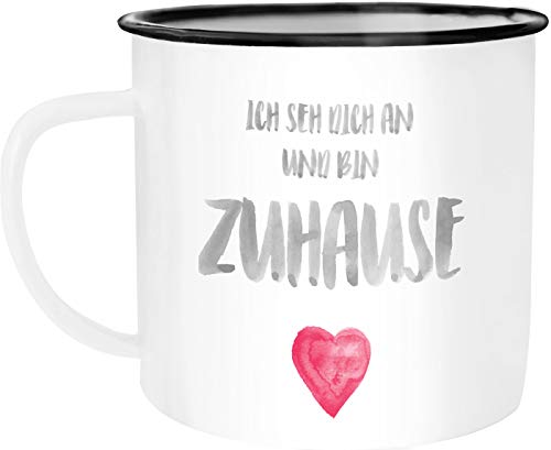 MoonWorks® Emaille-Tasse Ich seh dich an und bin zuhause Herz Geschenk Liebe Geschenkidee Weihnachten Valentinstag weiß-schwarz Emailletasse von MoonWorks