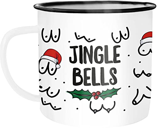 MoonWorks® Emaille-Tasse Jingle Bells Brüste Muster Weihnachten Titten mit Weihnachtsmütze Bürotasse lustige Geschenke emaille-weiß-schwarz standard von MoonWorks