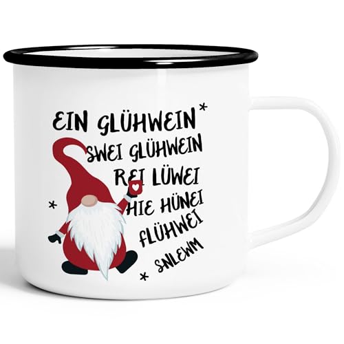 MoonWorks® Emaille-Tasse Spruch Ein Glühwein Swei Glühwein-Becher Wichtel Weihnachtsmarkt Geschenk Weihnachtsmann emaille-weiß-schwarz standard von MoonWorks