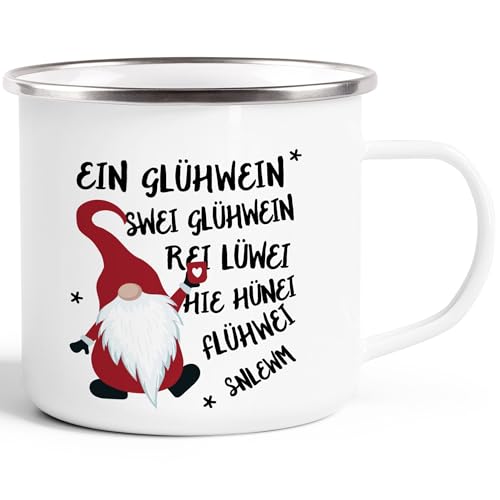 MoonWorks® Emaille-Tasse Spruch Ein Glühwein Swei Glühwein-Becher Wichtel Weihnachtsmarkt Geschenk Weihnachtsmann emaille-weiß-silber standard von MoonWorks