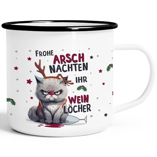 MoonWorks® Emaille-Tasse Weihnachten Katze Frohe Arschnachten ihr Weinlöcher Spruch lustig Geschenk Weihnachtsmuffel emaille-weiß-schwarz standard von MoonWorks