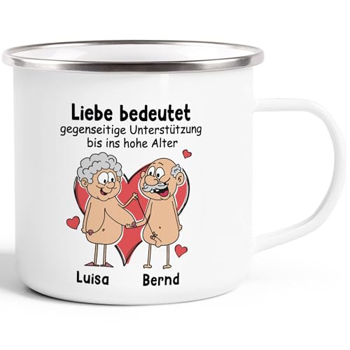 MoonWorks® Emaille-Tasse lustig Liebe bedeutet Unterstützung bis in hohe Alter Mann Frau Nackt personalisiert mit Namen emaille-weiß-silber standard von MoonWorks