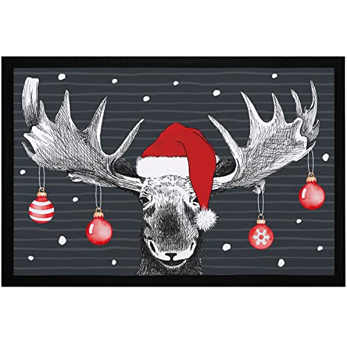 MoonWorks® Fußmatte Elch Weihnachten Christmas Wintermotive Weihnachtsdeko Türmatte Hirsch rutschfest & waschbar schwarz 60x40cm von MoonWorks