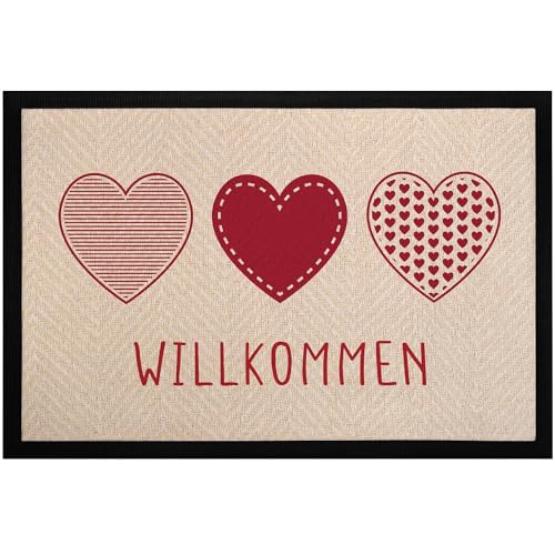 MoonWorks® Fußmatte Willkommen Motiv Herzen Türmatte Deko Haustür Eingang rutschfest & waschbar Willkomen beige-rot 60x40cm von MoonWorks