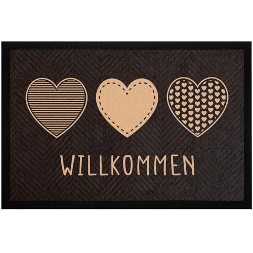 MoonWorks® Fußmatte Willkommen Motiv Herzen Türmatte Deko Haustür Eingang rutschfest & waschbar Willkommen beige-schwarz 60x40cm von MoonWorks