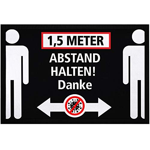 MoonWorks® Fußmatte mit Spruch 1,5 Meter Abstand halten Danke Virus Pandemie Warnung Warnschild rutschfest & waschbar weiß 60x40cm von MoonWorks