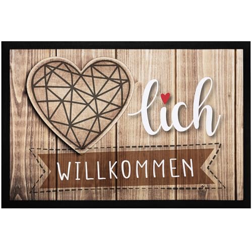 MoonWorks® Fußmatte mit Spruch Herzlich Willkommen Herz Natur Holz-Optik rutschfest & waschbar schwarz 60x40cm von MoonWorks