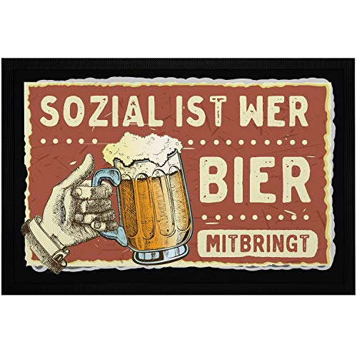 MoonWorks® Fußmatte mit Spruch Sozial ist wer Bier mitbringt Satire Zitat-Parodie Bierkrug Bierspruch rutschfest & waschbar schwarz 60x40cm von MoonWorks